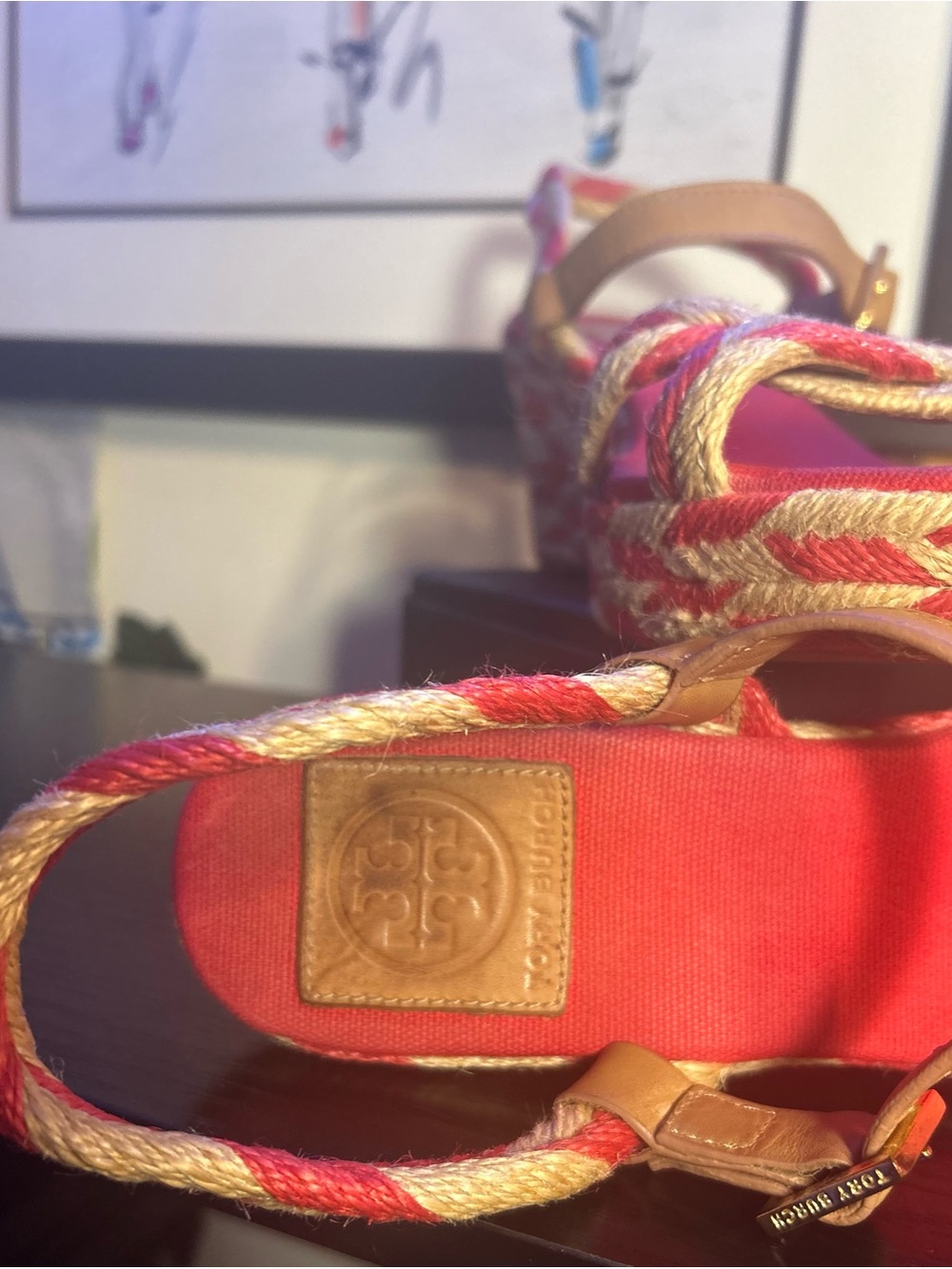 Tory Burch Red/Pink and Tan Camelia Espadrille Wedge Sandals - Picture 9 of 10